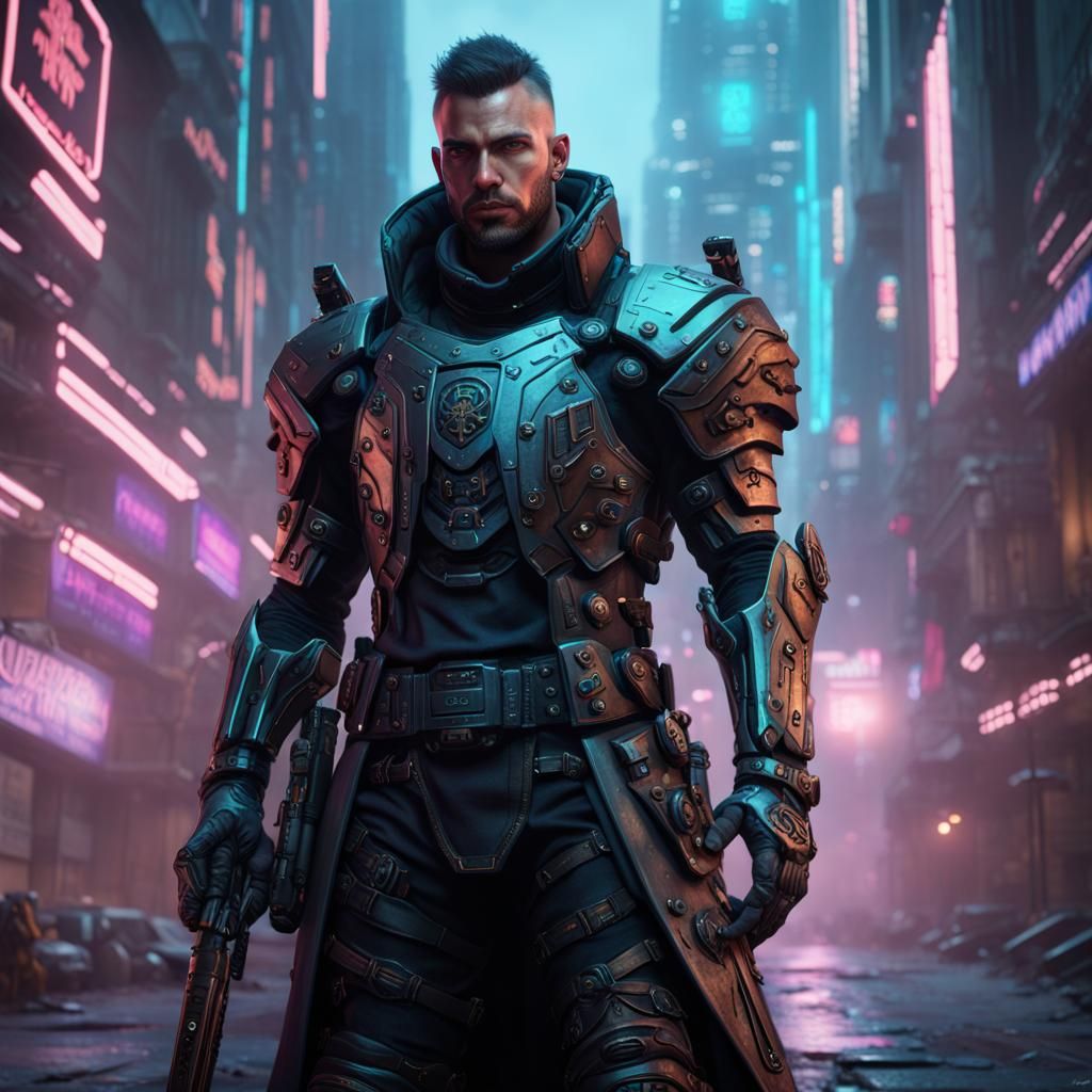 Cyberpunk Paladin: Detailed Matte Painting in 8K
