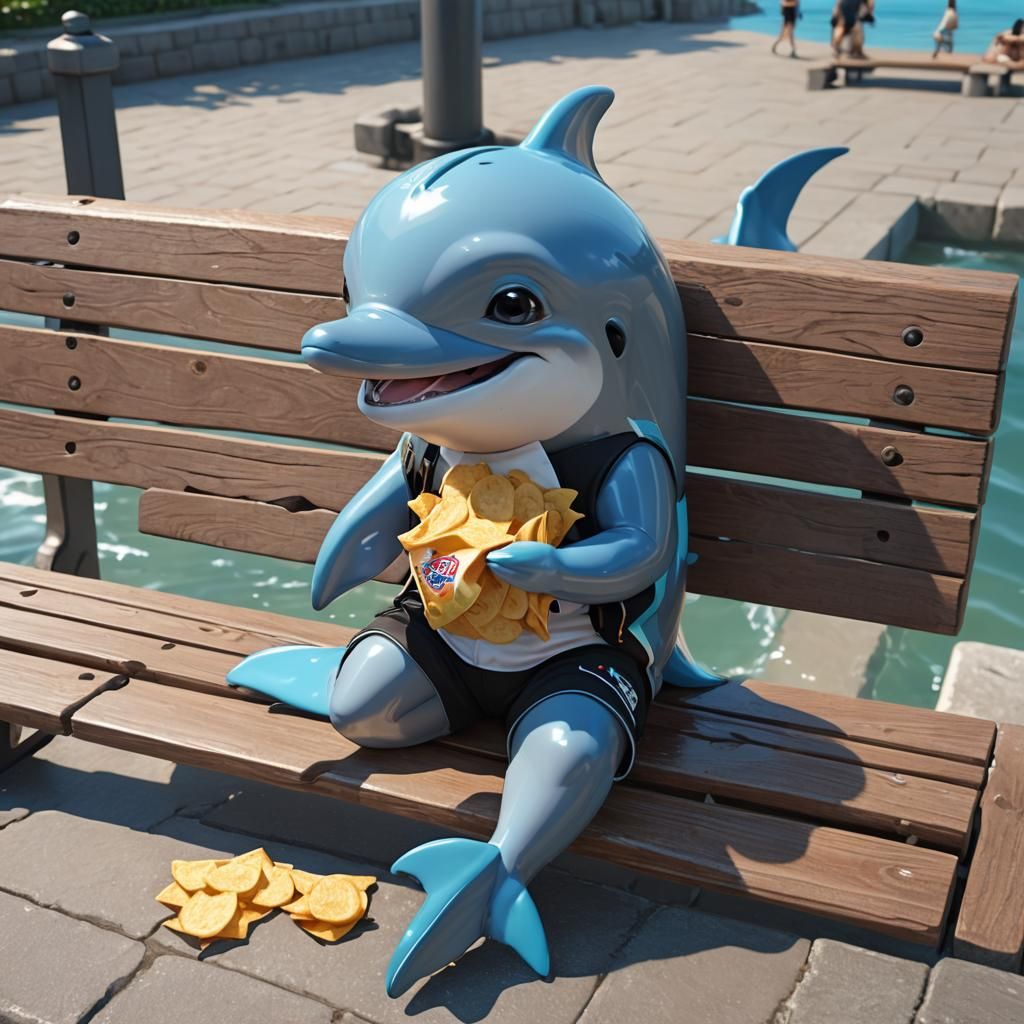 Anime Style Dolphin Eating Crisps by the Sea