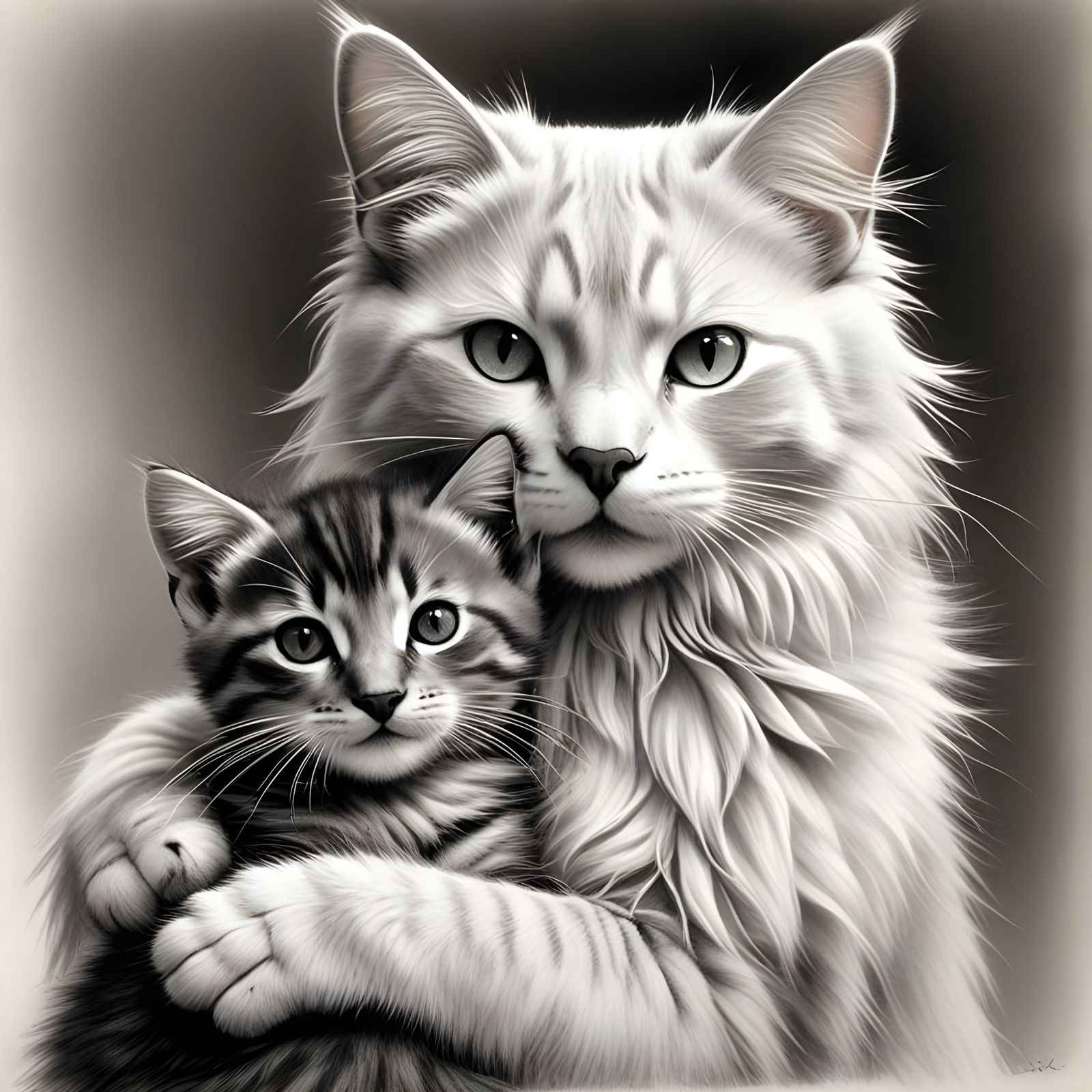 Mother Cat and Kitten in Whimsical Charcoal Drawing