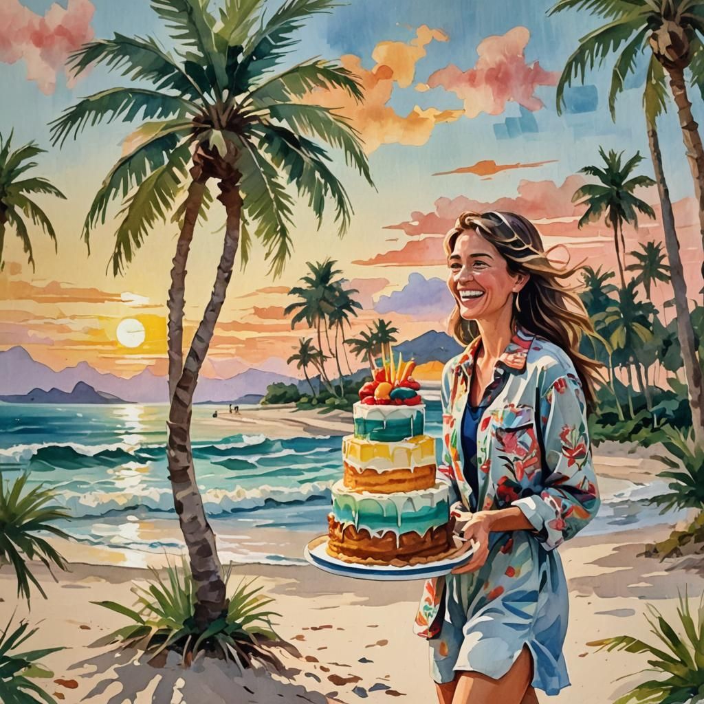 Palm Tree Cake on Beach, Gouache Watercolor Style