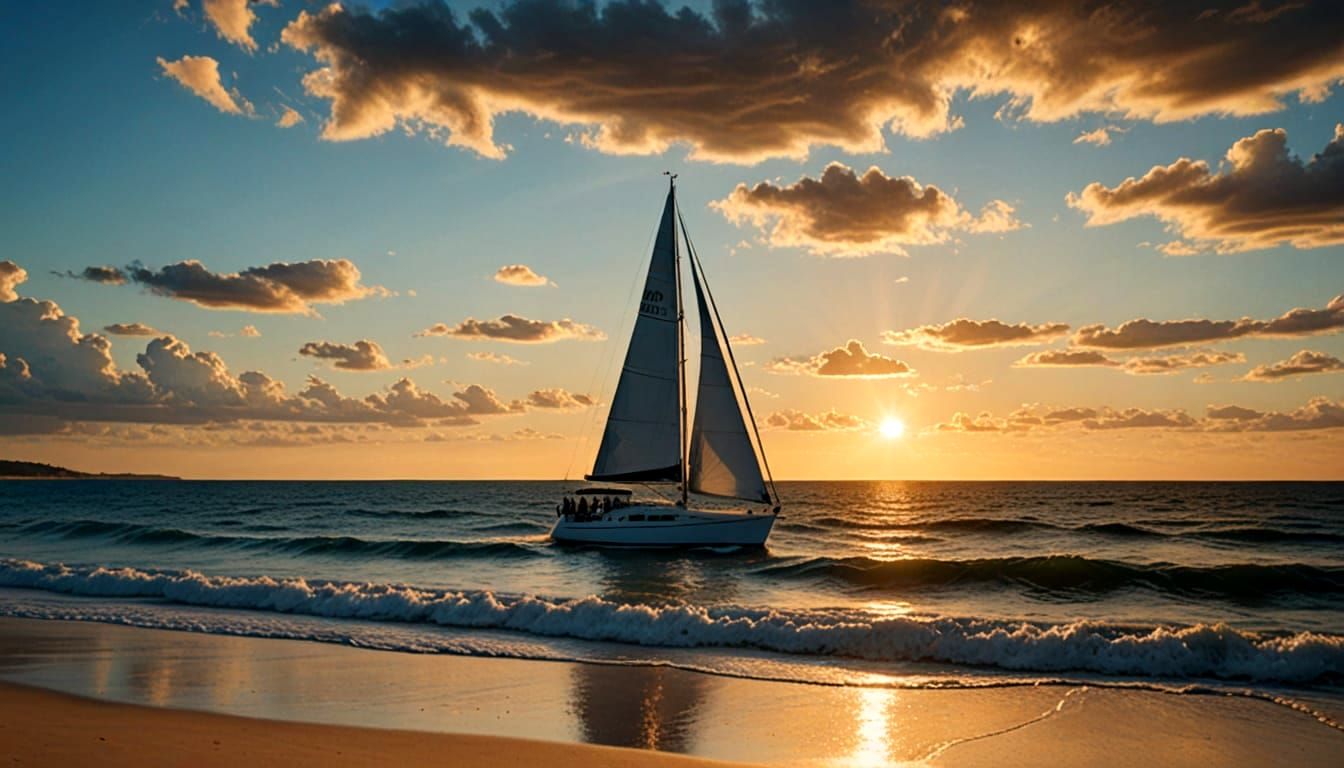 Idyllic Coastal Scene with Sailboat in Hyperrealistic Style