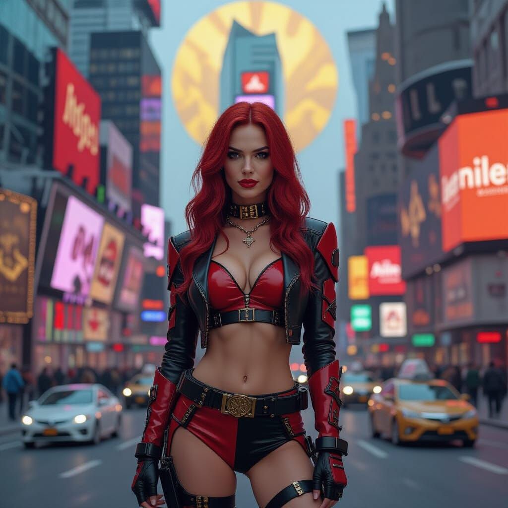 Cyberpunk Harley Quinn in Klimt-Inspired Times Square