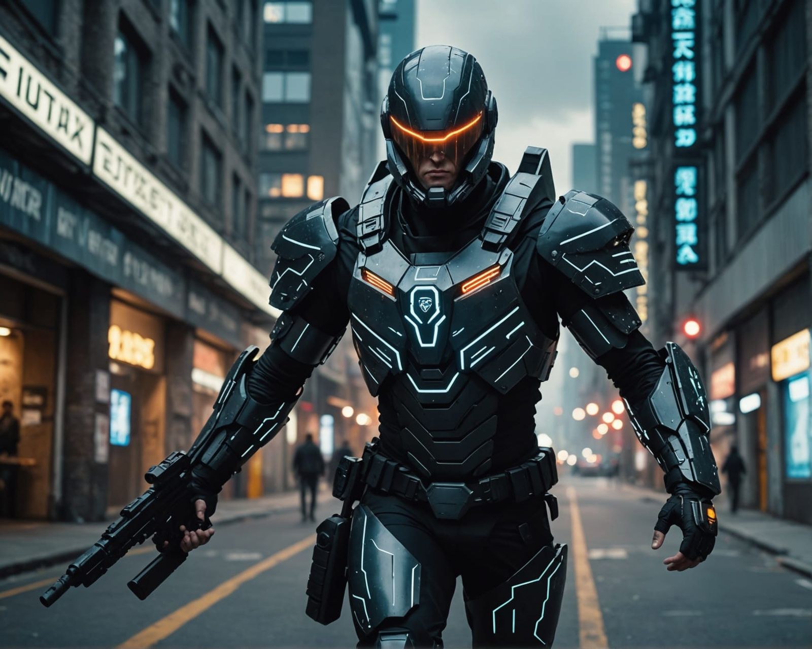 Futuristic Conqueror Gliding Through Cyberpunk City