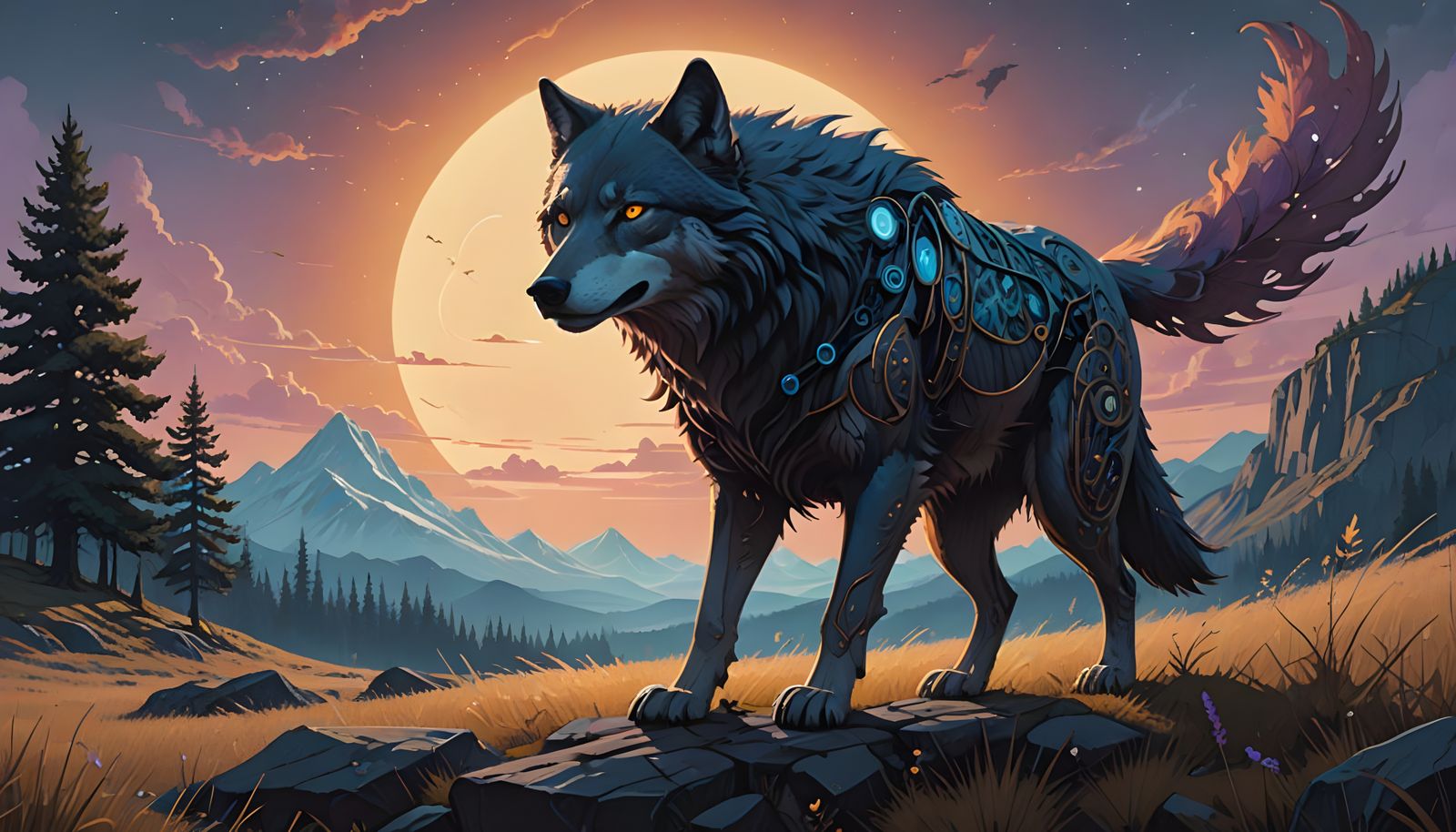 Ethereal Realism: Wolf and Falcon in Radiant Valley