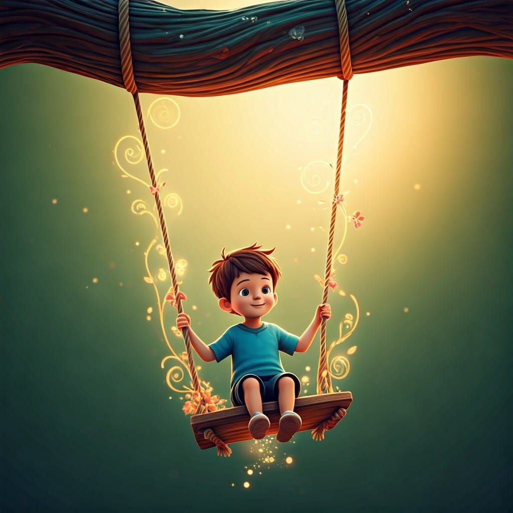 Whimsical 3D Scene of Boy in Magical Swing