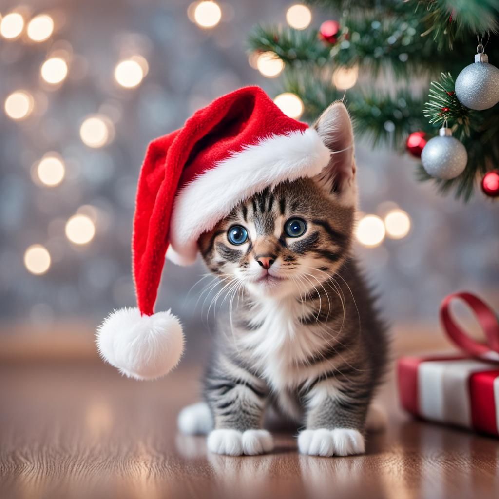 Kitten in Santa Hat Under Christmas Tree