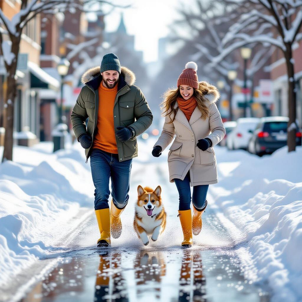 Happy Couple and Corgi in Snowy City Street