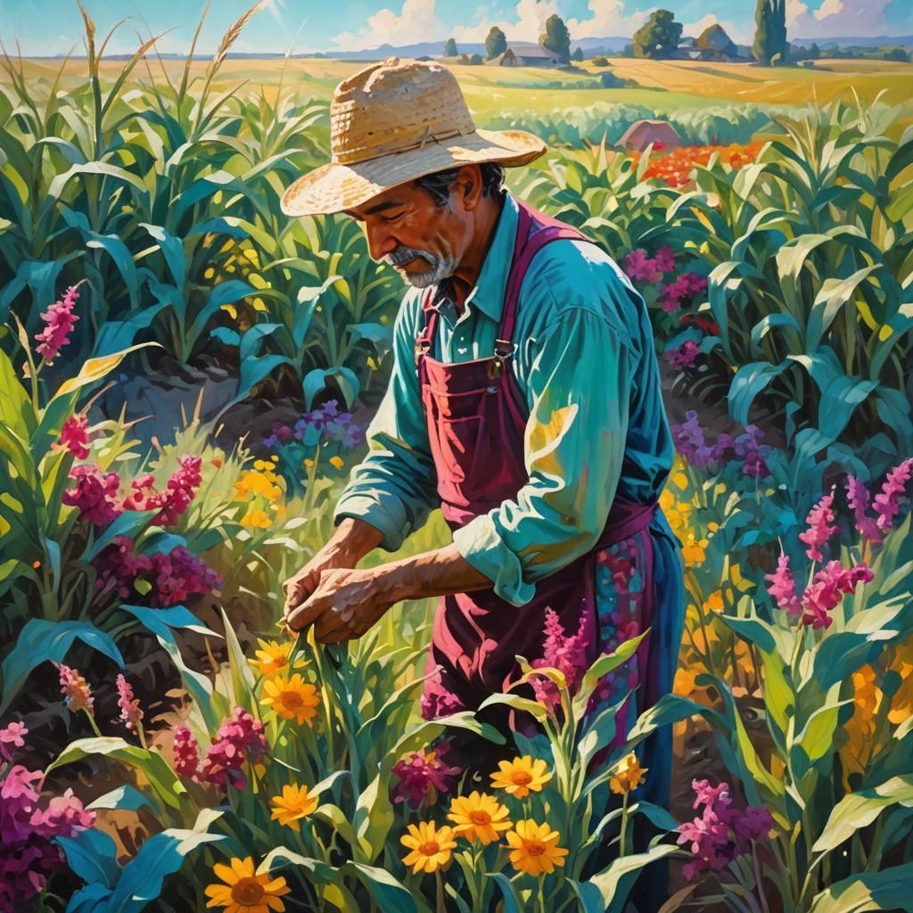 Farmer Tending Crops in Impressionistic Style