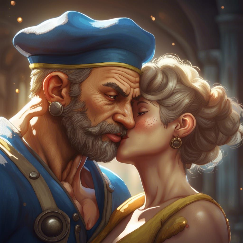 Popeye and Olive Oyl Embrace: Hyperdetailed Portrait