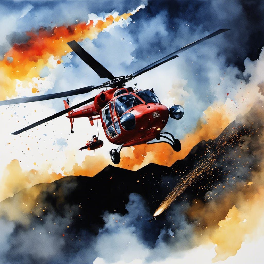 Watercolor Firefighter Helicopter Extinguishing Forest Fire