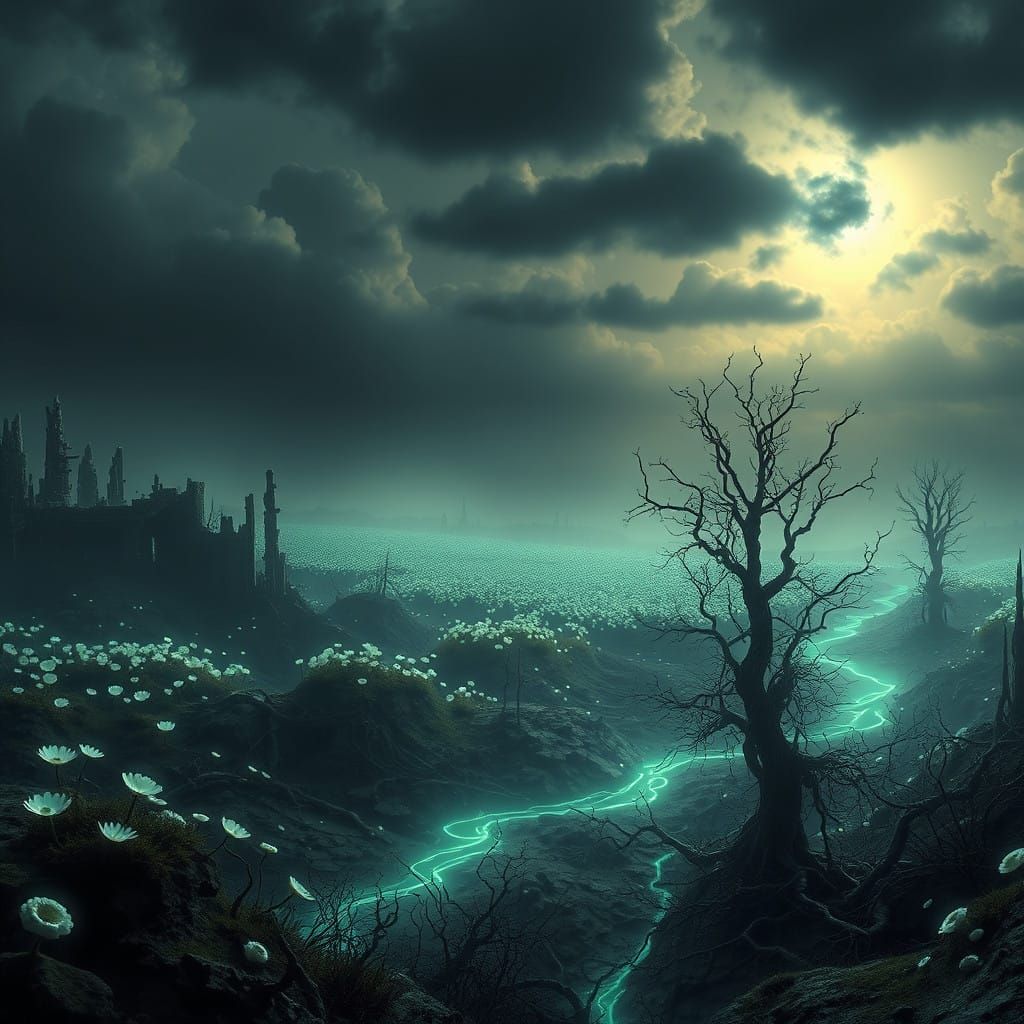 Ethereal Wasteland with Glowing Memory Flowers