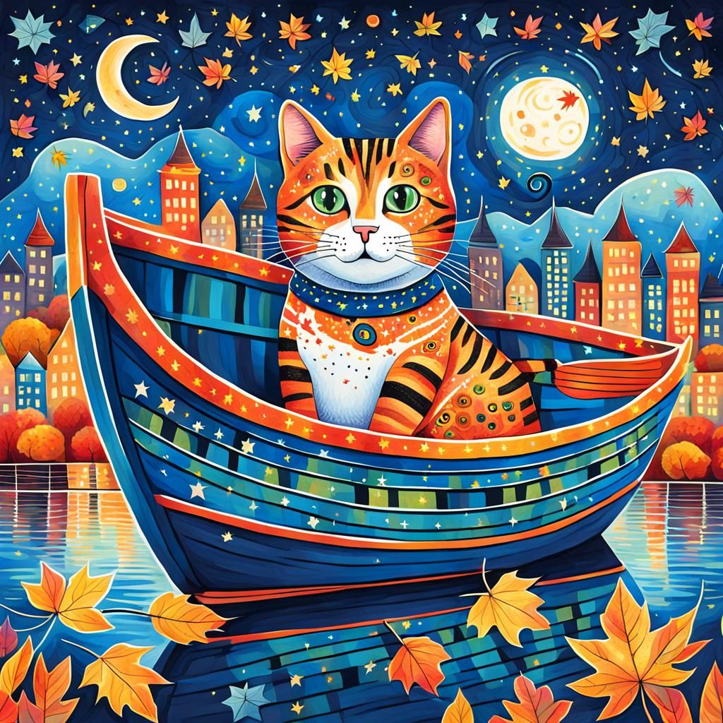 Whimsical Cat Illustration in Boat Under Starry Sky