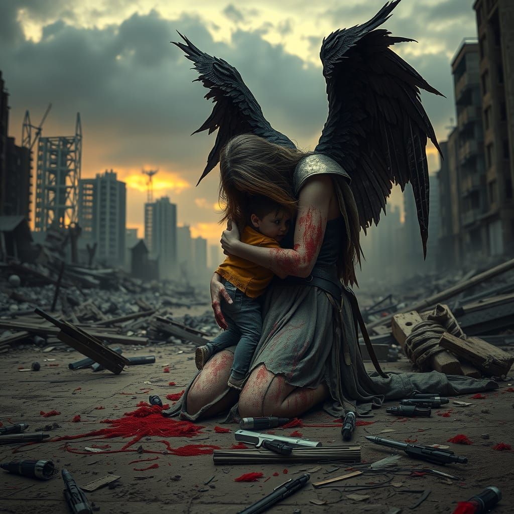 Fallen Angel Protects Innocent Child in Desolate War-Torn La...