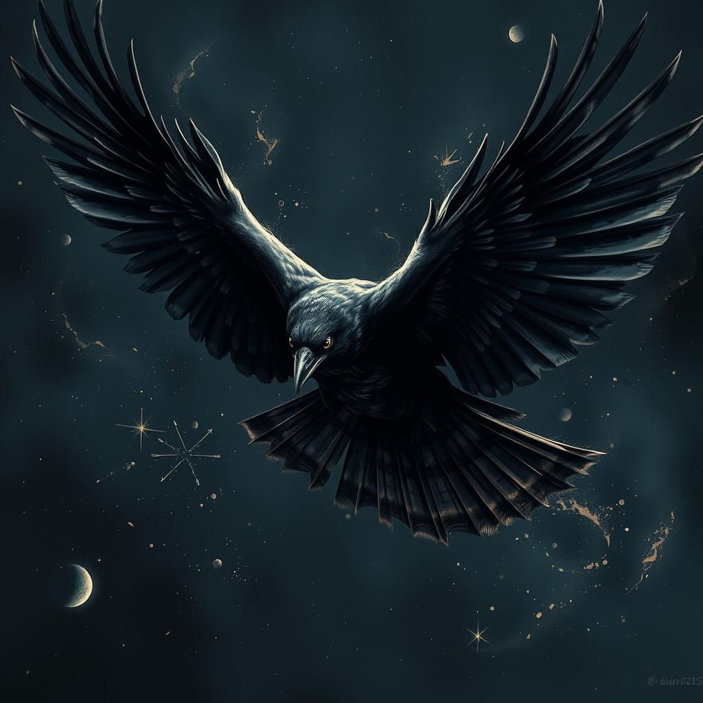Majestic Raven in Flight, Cinematic Hand-Drawn Art