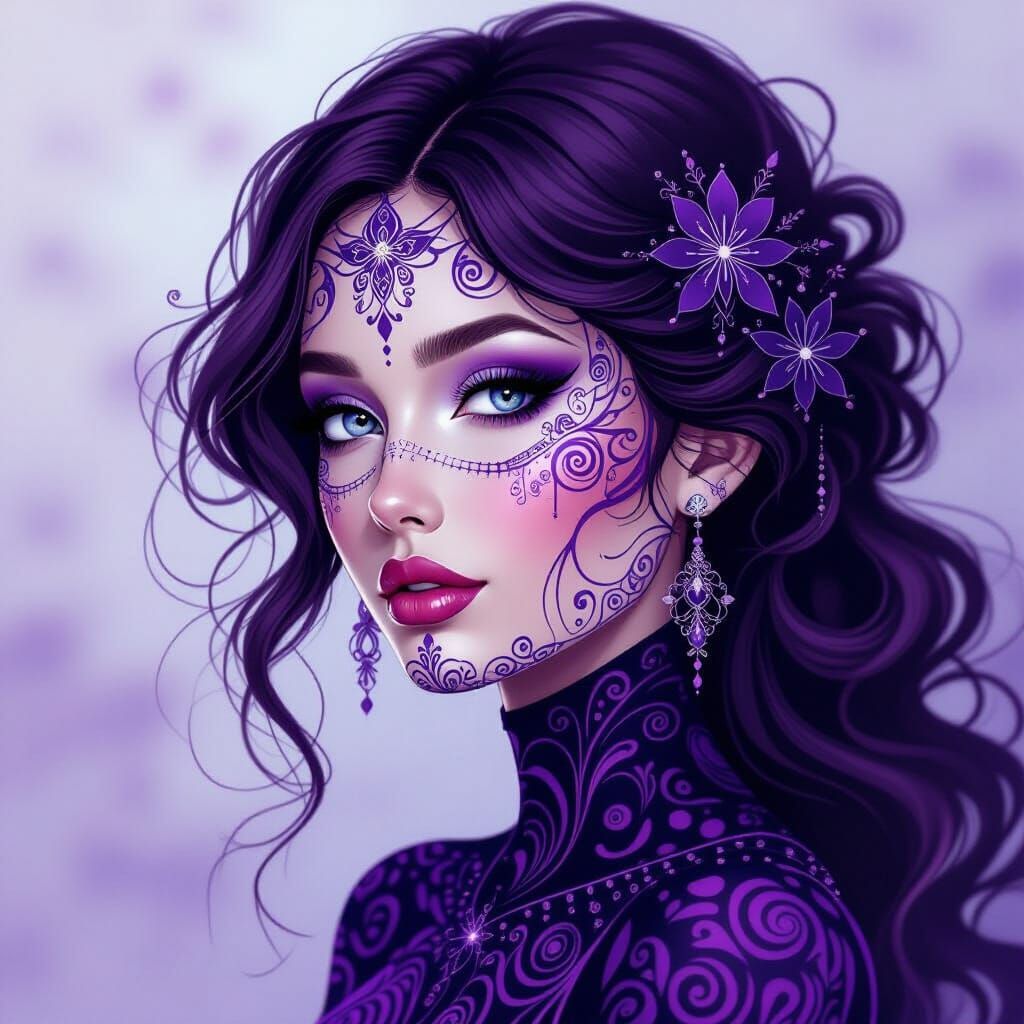 Hypnotic Zentangle Portrait in Purple and Black