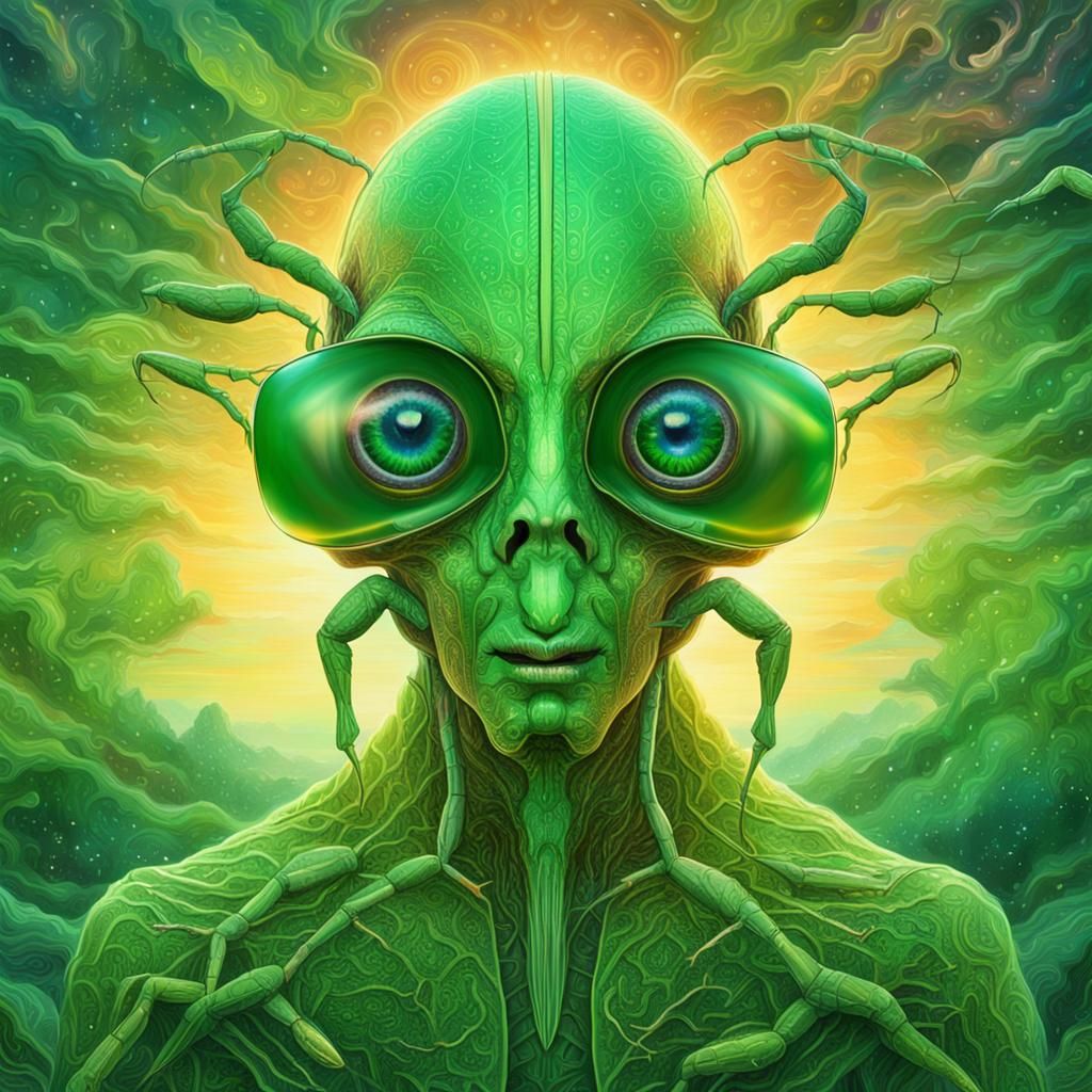 Surreal Face Reveals Mantis Cocoon, Holographic Illustration