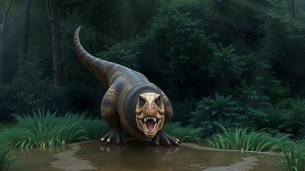 Hyper-Realistic Tyrannosaurus Rex in Serene Landscape