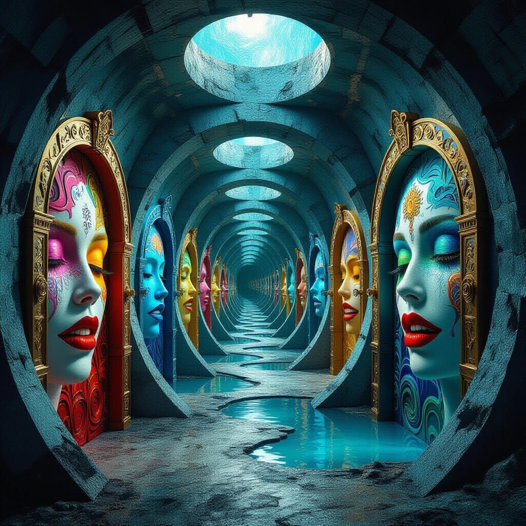 Surreal Alien Tunnel with Arched Doors in Digital Painting S...