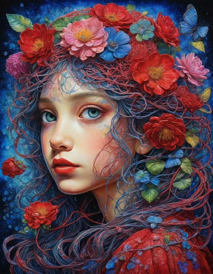 Beautiful Girl in Floral Crimson Watercolor Art