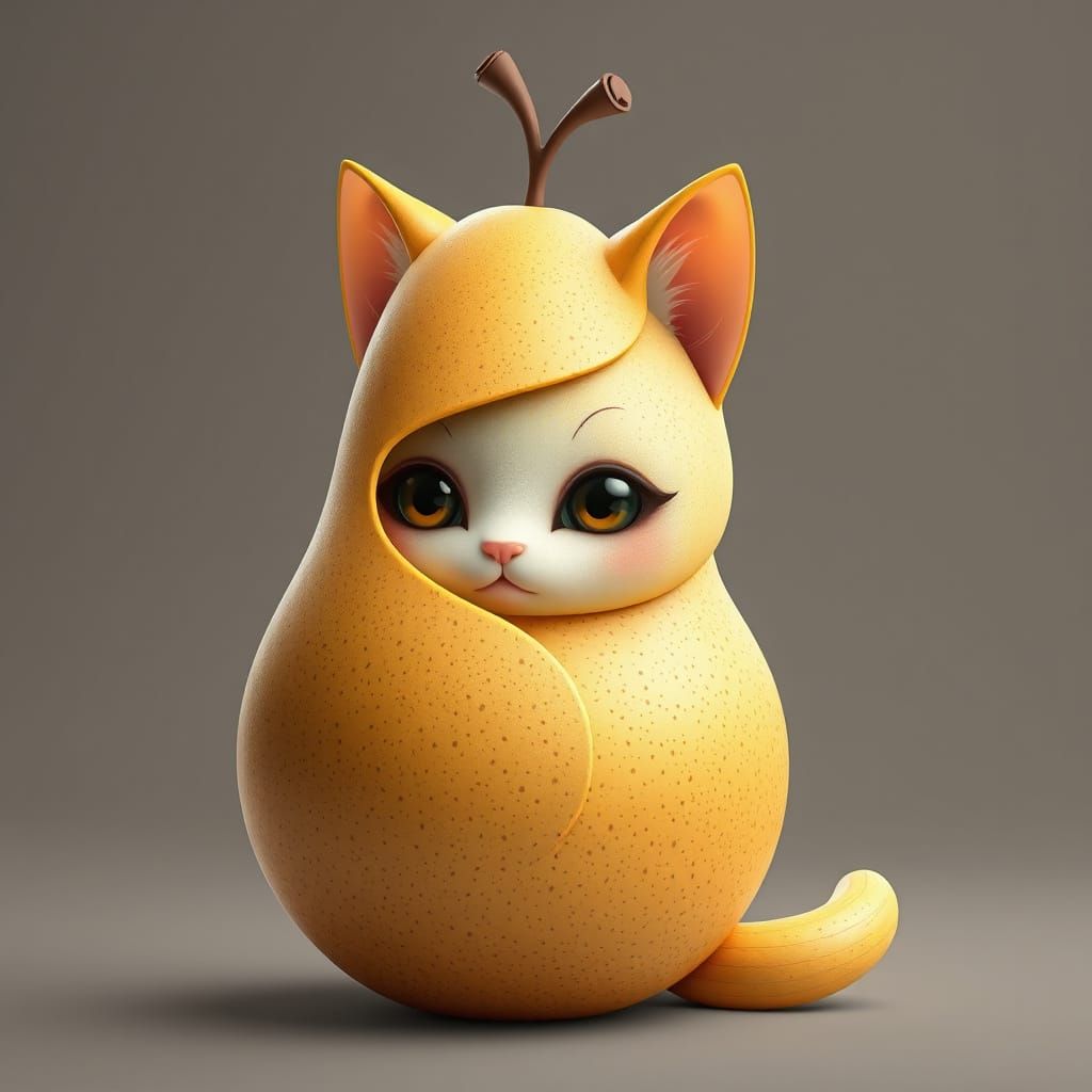 Whimsical Fusion of Pear and Cat in Dreamlike 3D Anime Art