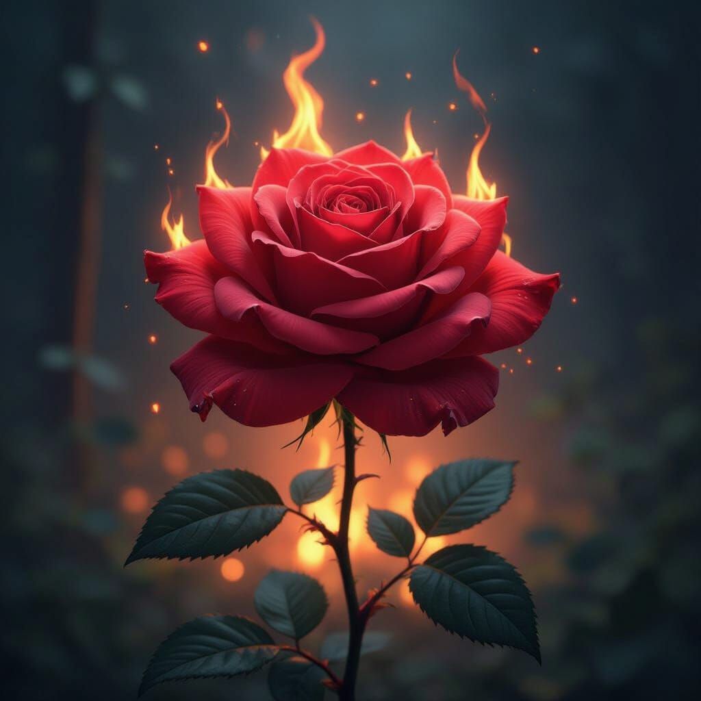 Burning Red Rose in a Dark Cyberpunk Style