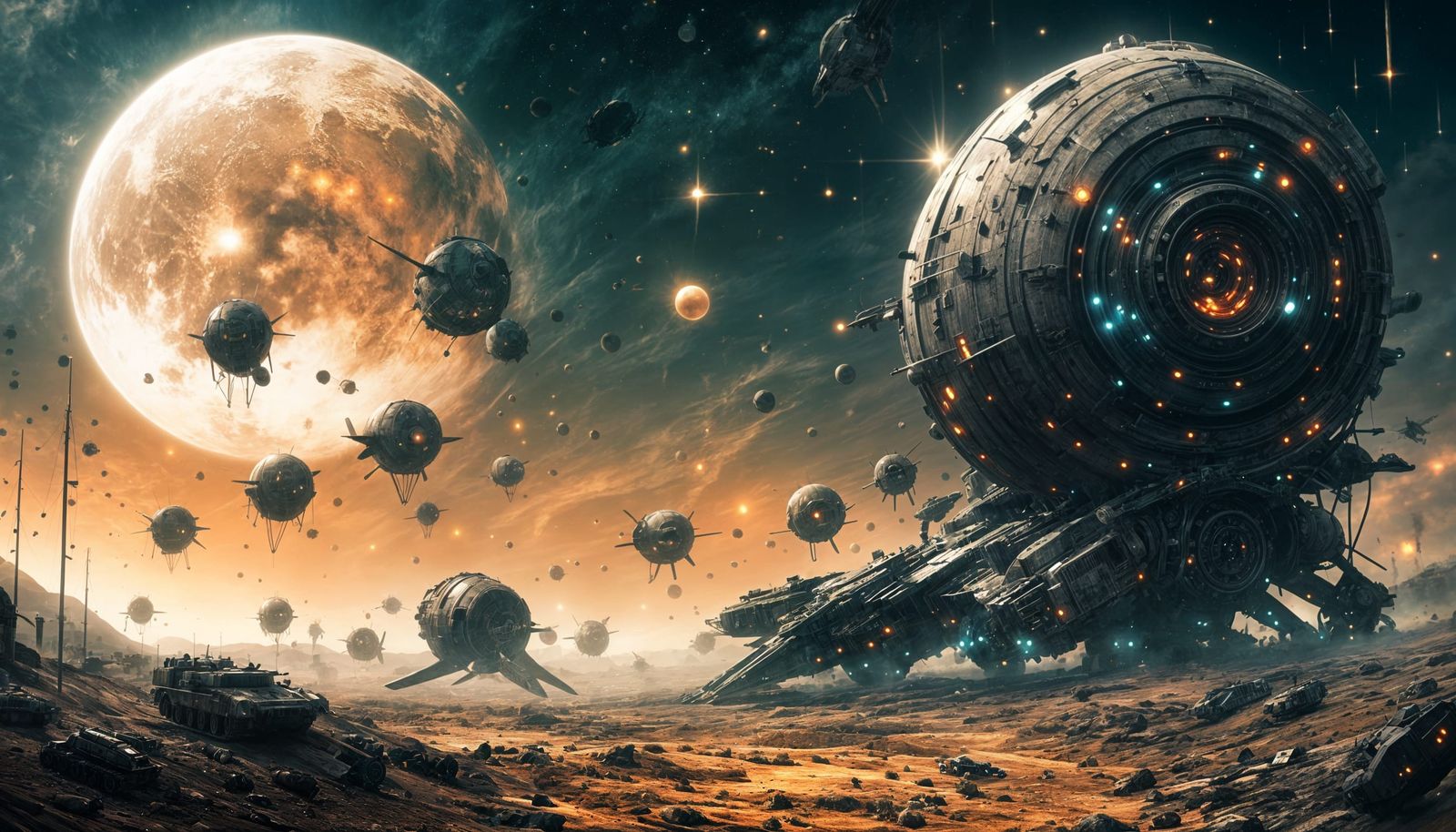 Distant Convoy of Hover Tanks in Sci-Fi Landscape