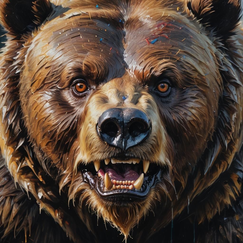 An graffiti brutal death  big disheveled fat grizzly bear  sinster eyes evil glare and wide smile Eldredge hyperdetailed...