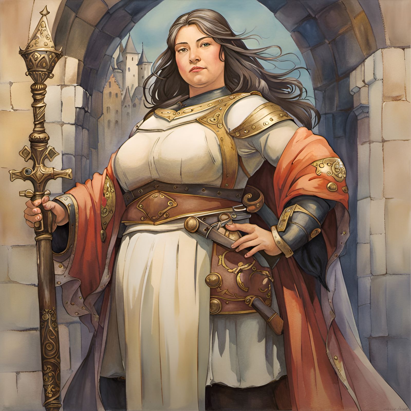 Curvy Woman in Armor: Ghibli-esque Watercolor