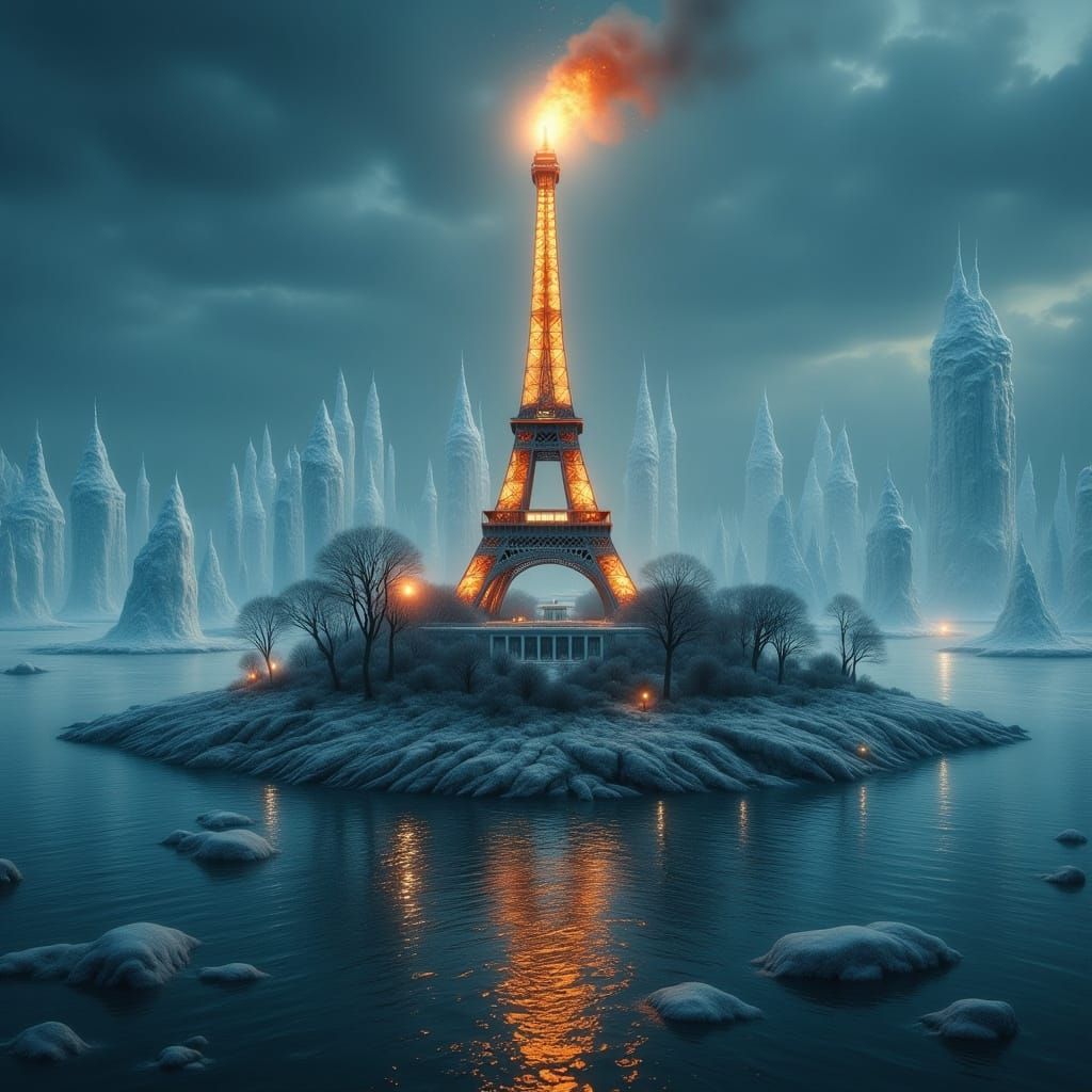 Eiffel Tower Engulfed in Flames on Island