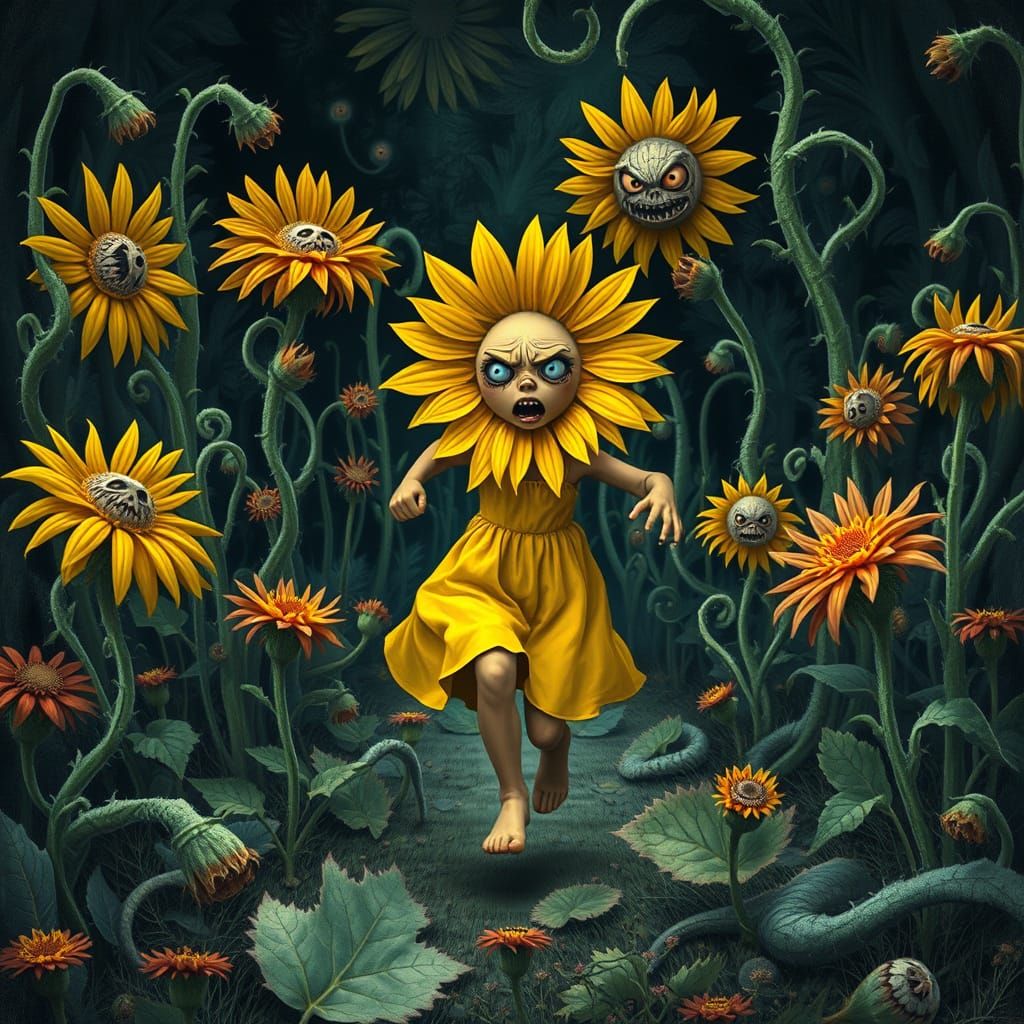 Terrified Sunflower Runs Through Eerie Flower Garden