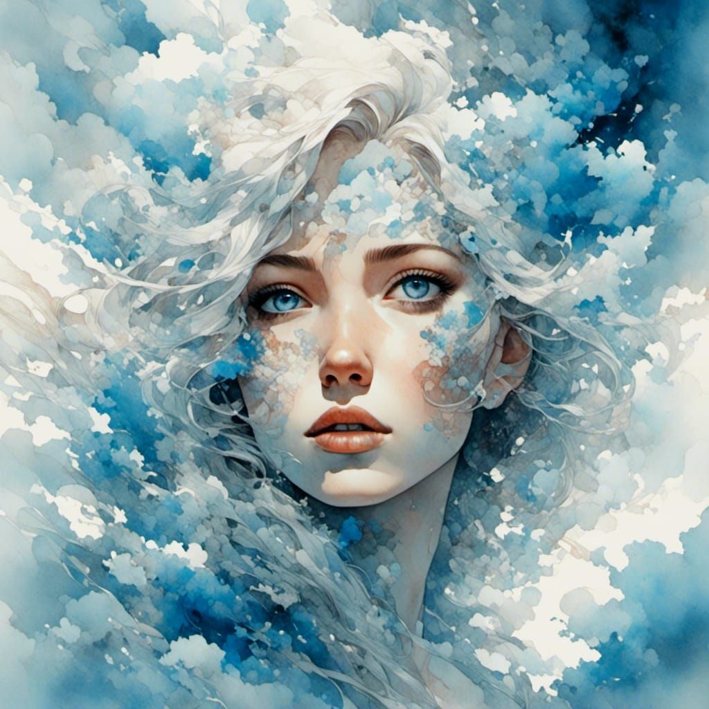 Ethereal Woman in Watercolor with Abstract Clouds
