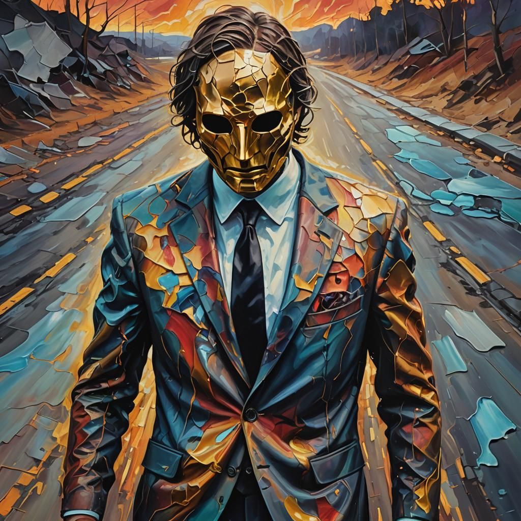 Surreal Faceless Figure on Crumbling Road in Oil