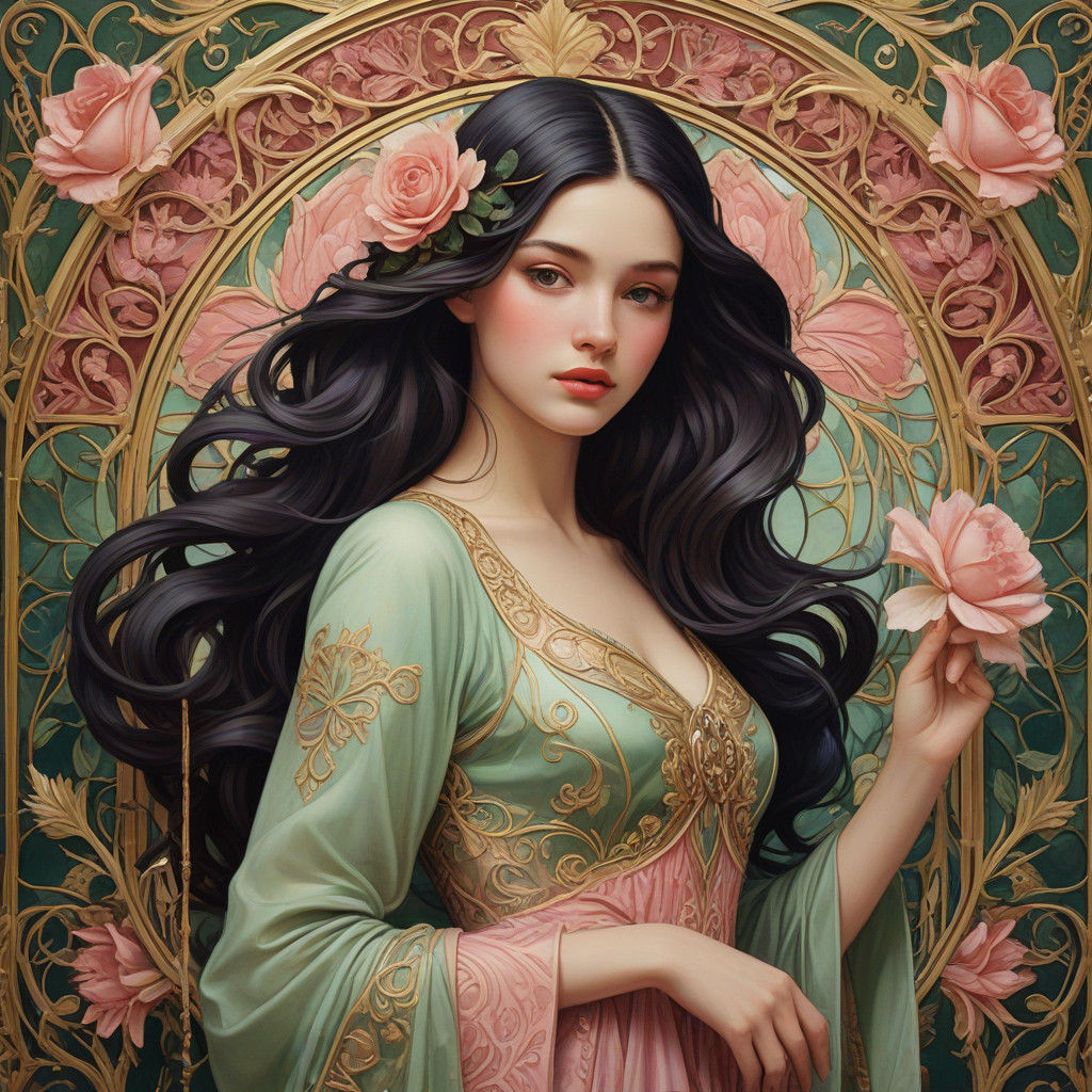 Young Girl in Art Nouveau Christmas Scene with Soft Focus