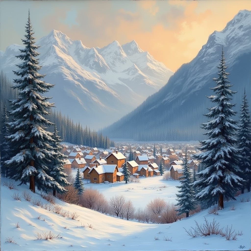 Snowy Town in Post-Impressionist Palette Knife Style