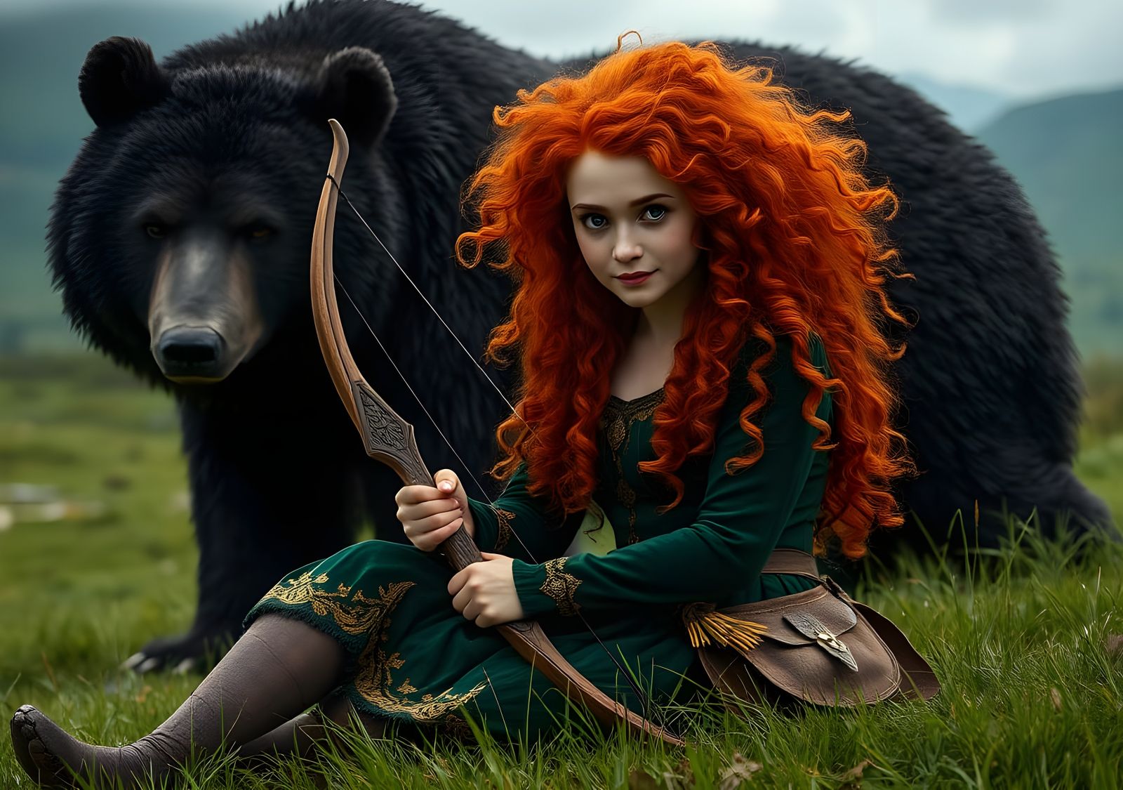 Merida with Black Bear in Scottish Highlands, Matte Painting