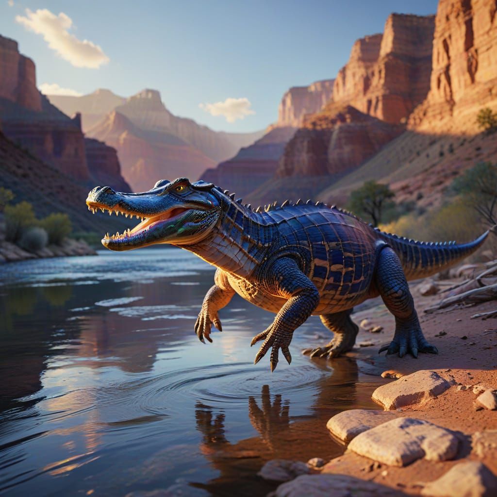 Majestic Alligator Gallops Through Grand Canyon at Sunset