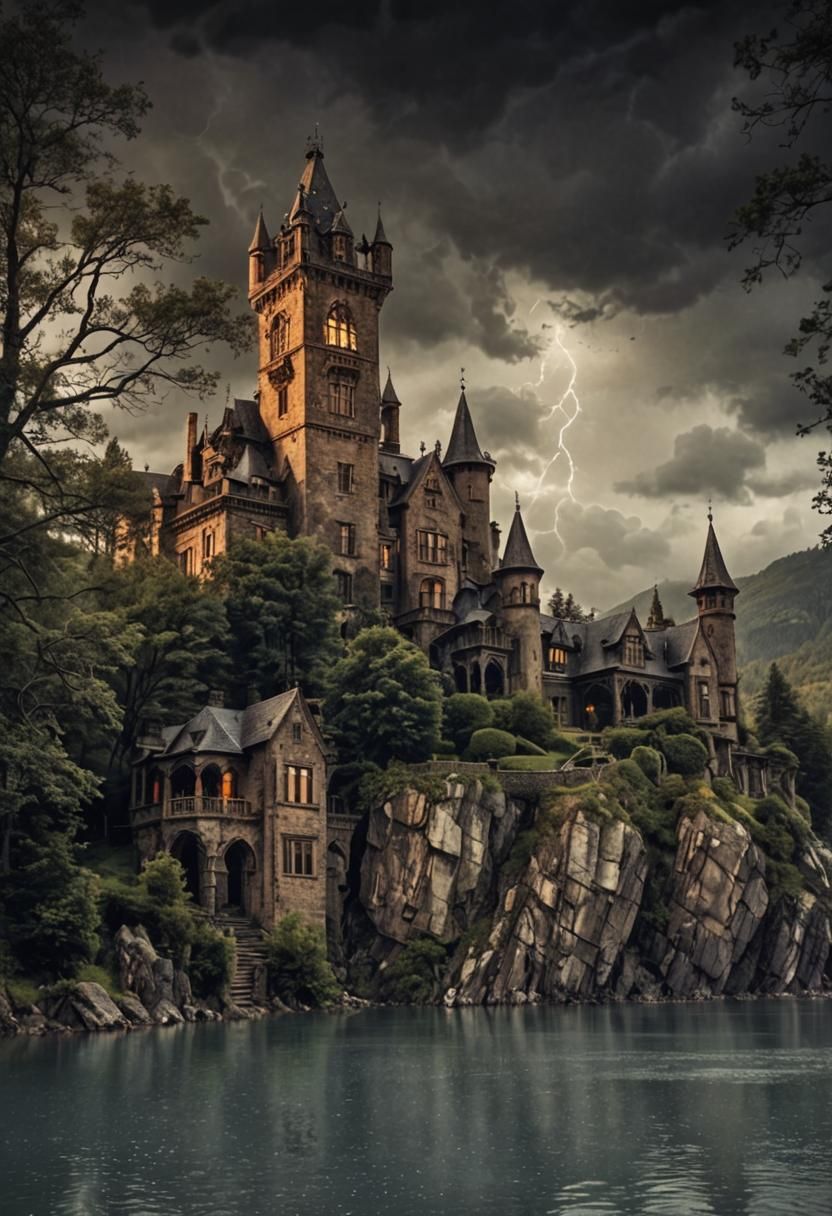 Gothic Mansion in Stormy Mountain Landscape