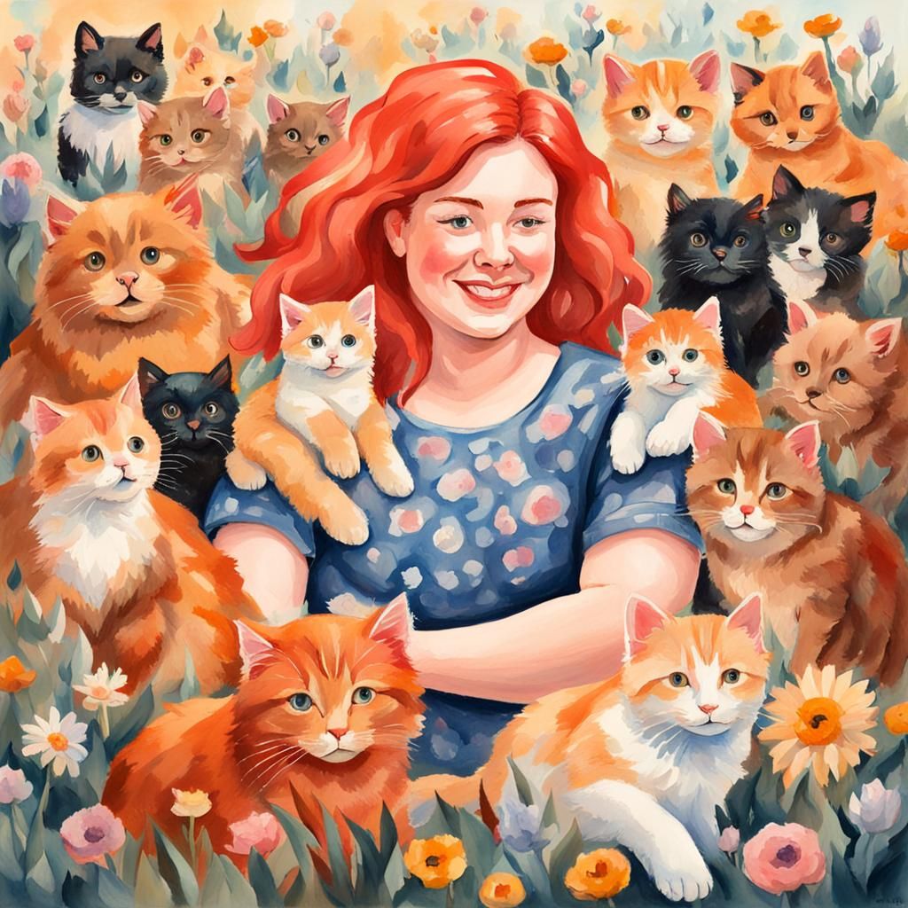 Smiling Woman Surrounded by Animals in Gouache Style