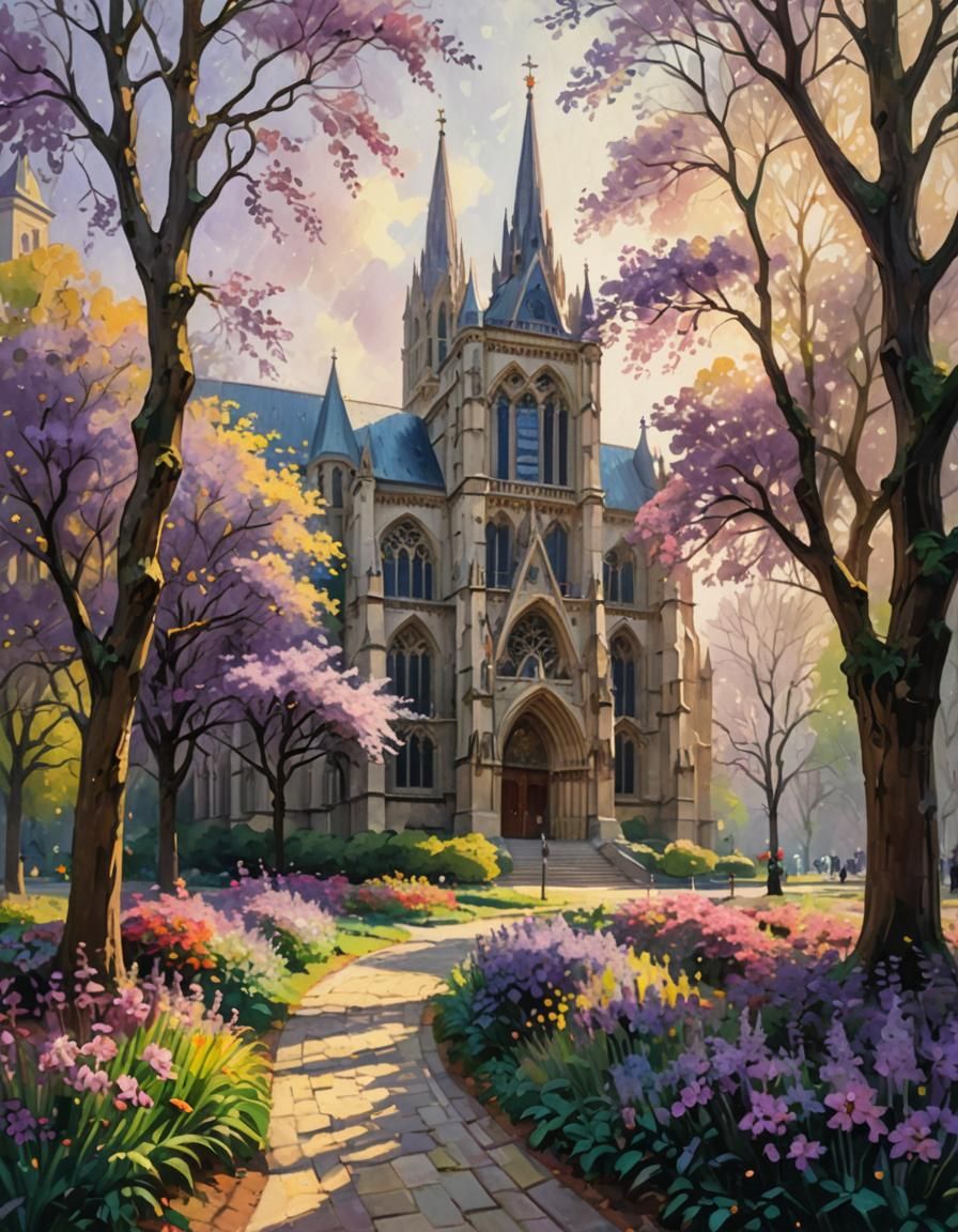 Cathedral with Almond Flower in Impressionist Style