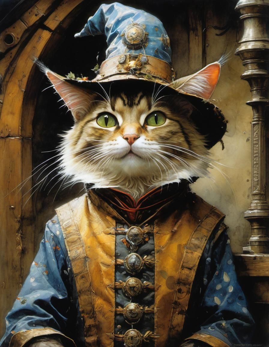 Medieval Wizard Cat in Dark Hut