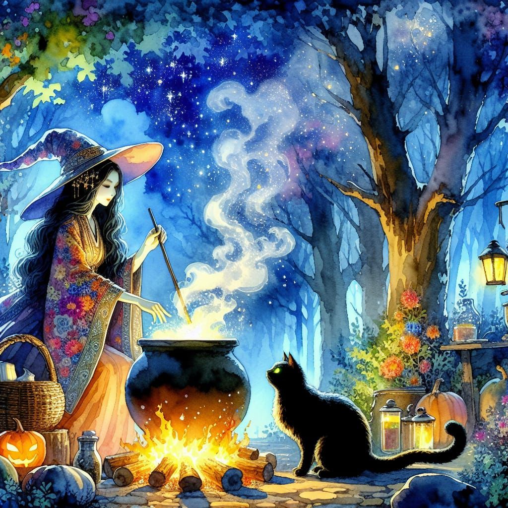 Enchanting Witch Brews Potion in Watercolor Forest