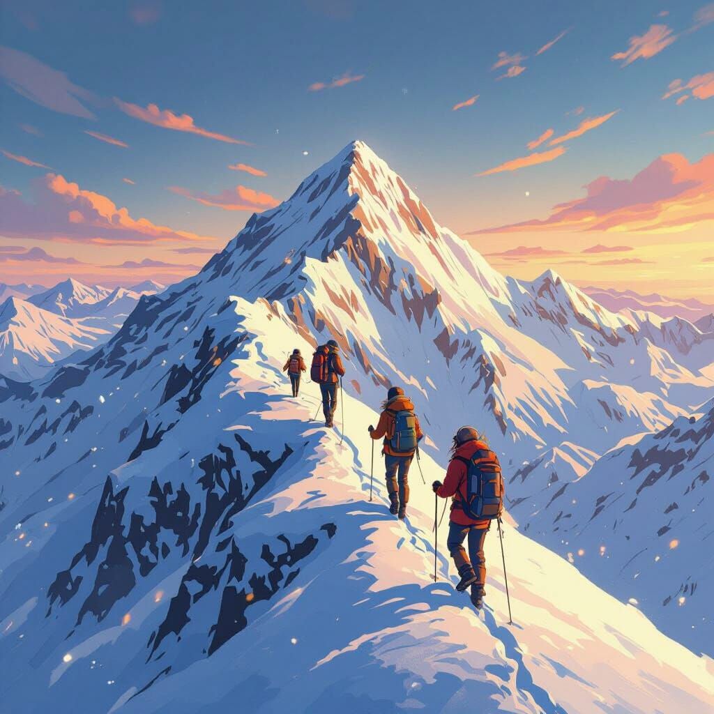 Anime Mountain Climbers Ascending Snowy Peak