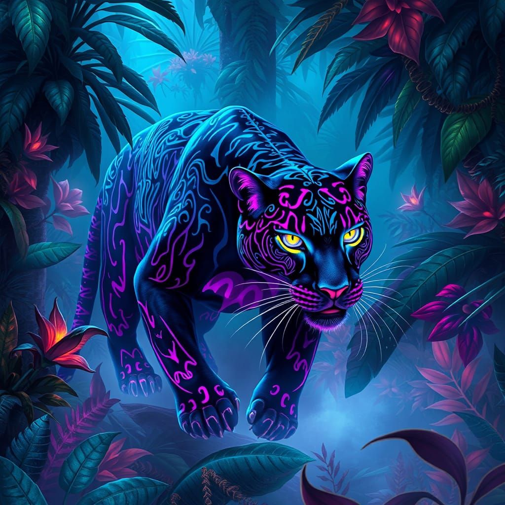 Bioluminescent Panther in Alien Jungle: Art Nouveau Digital ...