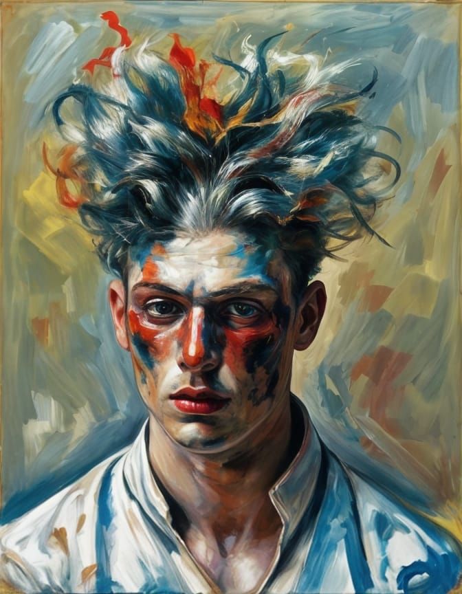 Expressive Portrait with Distorted Proportions in Vibrant Co...