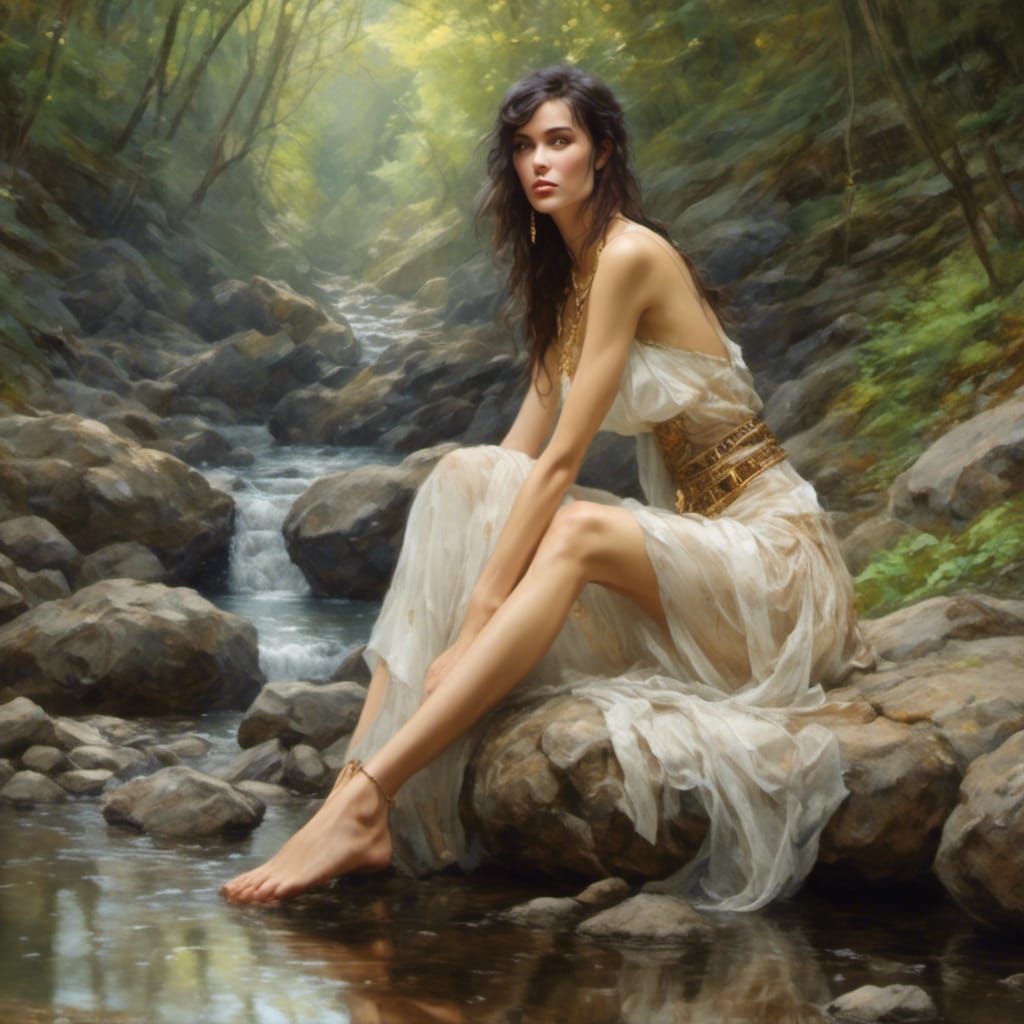 A Beautiful Woman, sitting next to a stream.