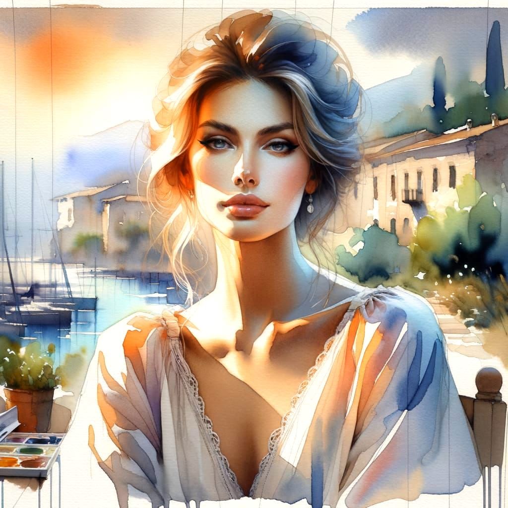 Impressionistic Portrait of Italian Woman in Watercolor