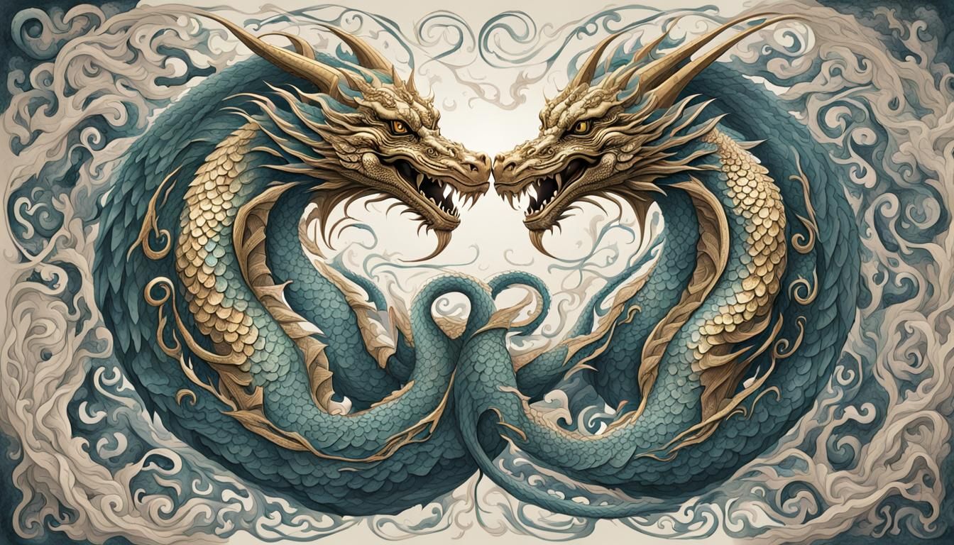Two dragons intertwine in a swirling, spiraling design, with their bodies forming an endless loop. Their scales and wing...