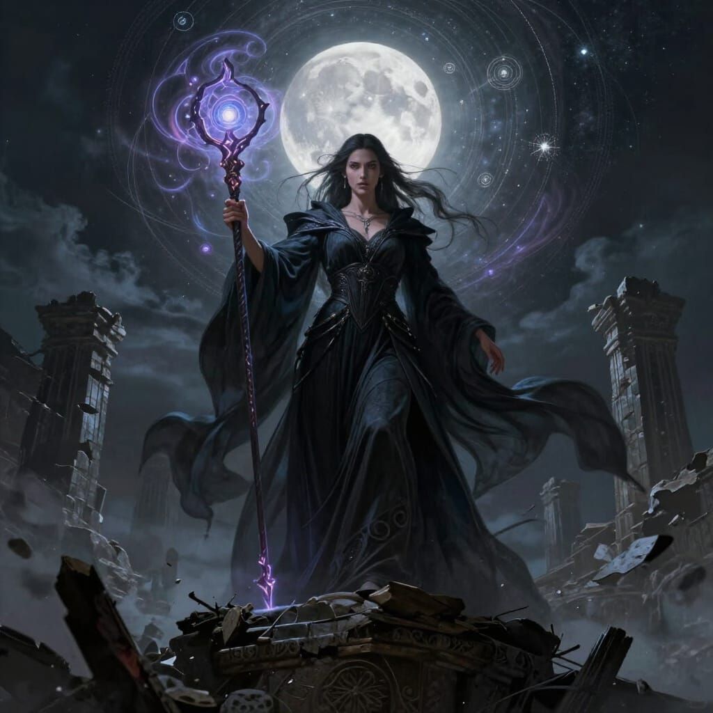 Female Sorceress Conjuring Magic on Ancient Ruins