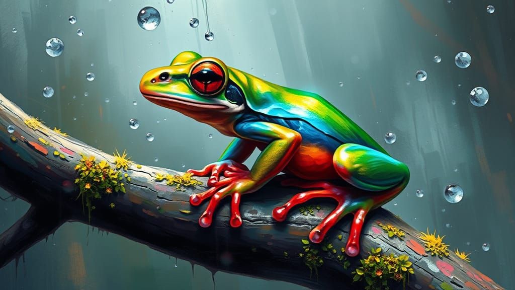 Rainbow Frog on Branch in Street Art Style