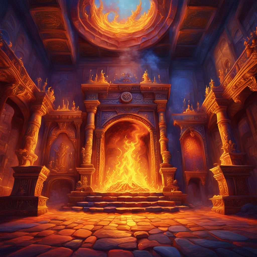 Mystical Castle Fireplace in Vibrant Oil Painting Style